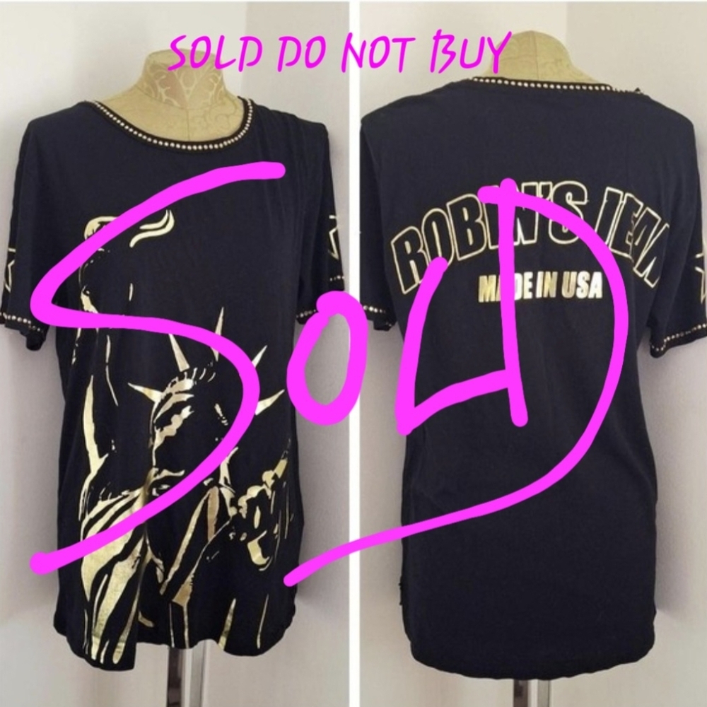 Robin's Jean Mens black t-shirt gold Statue of Liberty graphic studded trim med